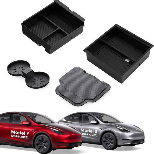 4PCS Upgraded Tesla Model Y Juniper (2024–2026) Accessories & Tesla Model 3 (2025 Highland) Accessories Center Console Organizer, Hidden Storage Box, Cup Holder, and Armrest Drawer Organizer