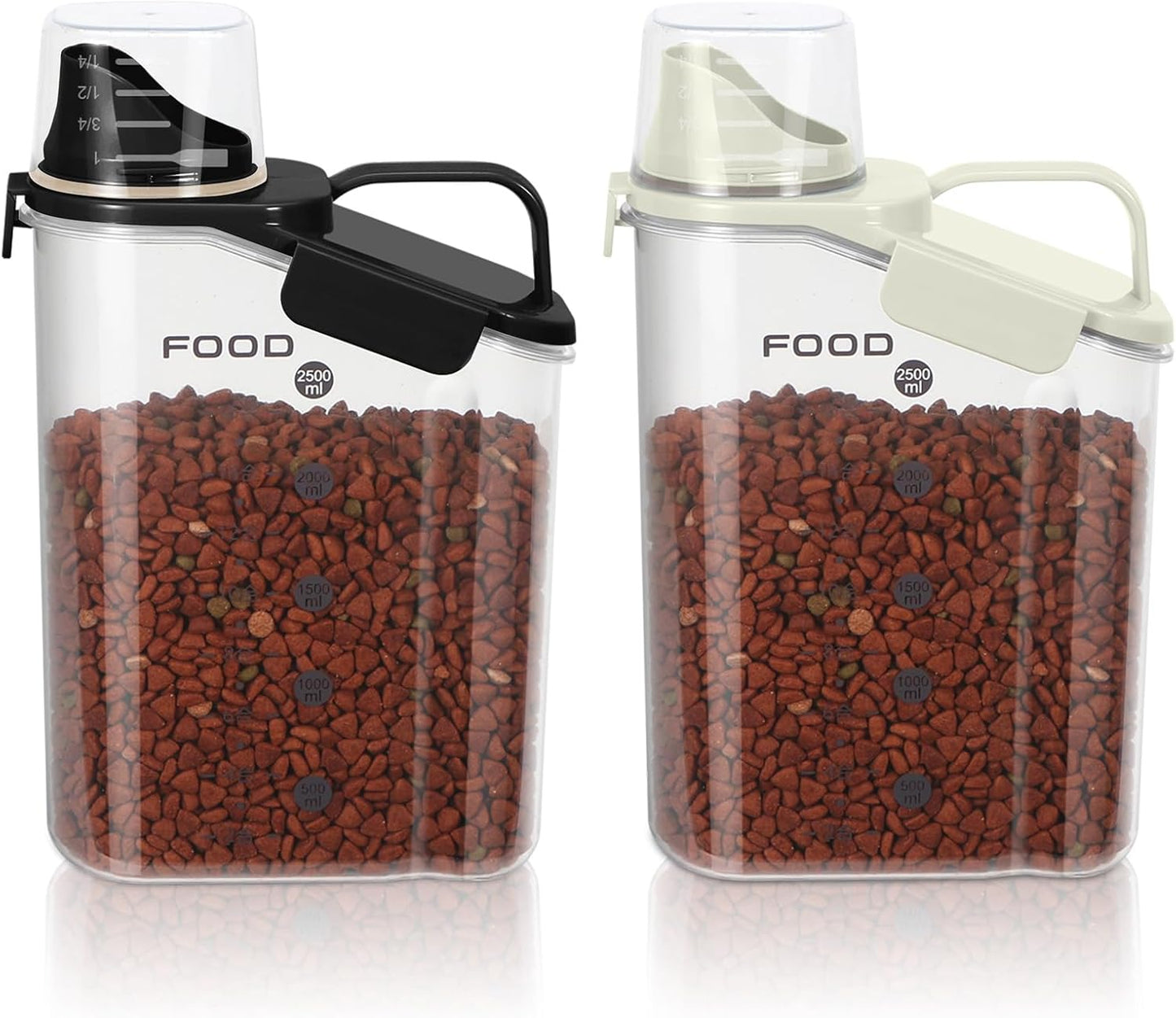 3-5LBS airtight Pet Food Storage Containers PBA-free,With Large Nozzle/Measuring Cup/ 4 Press Buckle for Dogs, Cats, Birds, Chicken Lndoor and Outdoor Use (Black + Beige) 2 Pack