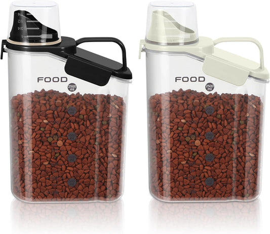3-5LBS airtight Pet Food Storage Containers PBA-free,With Large Nozzle/Measuring Cup/ 4 Press Buckle for Dogs, Cats, Birds, Chicken Lndoor and Outdoor Use (Black + Beige) 2 Pack