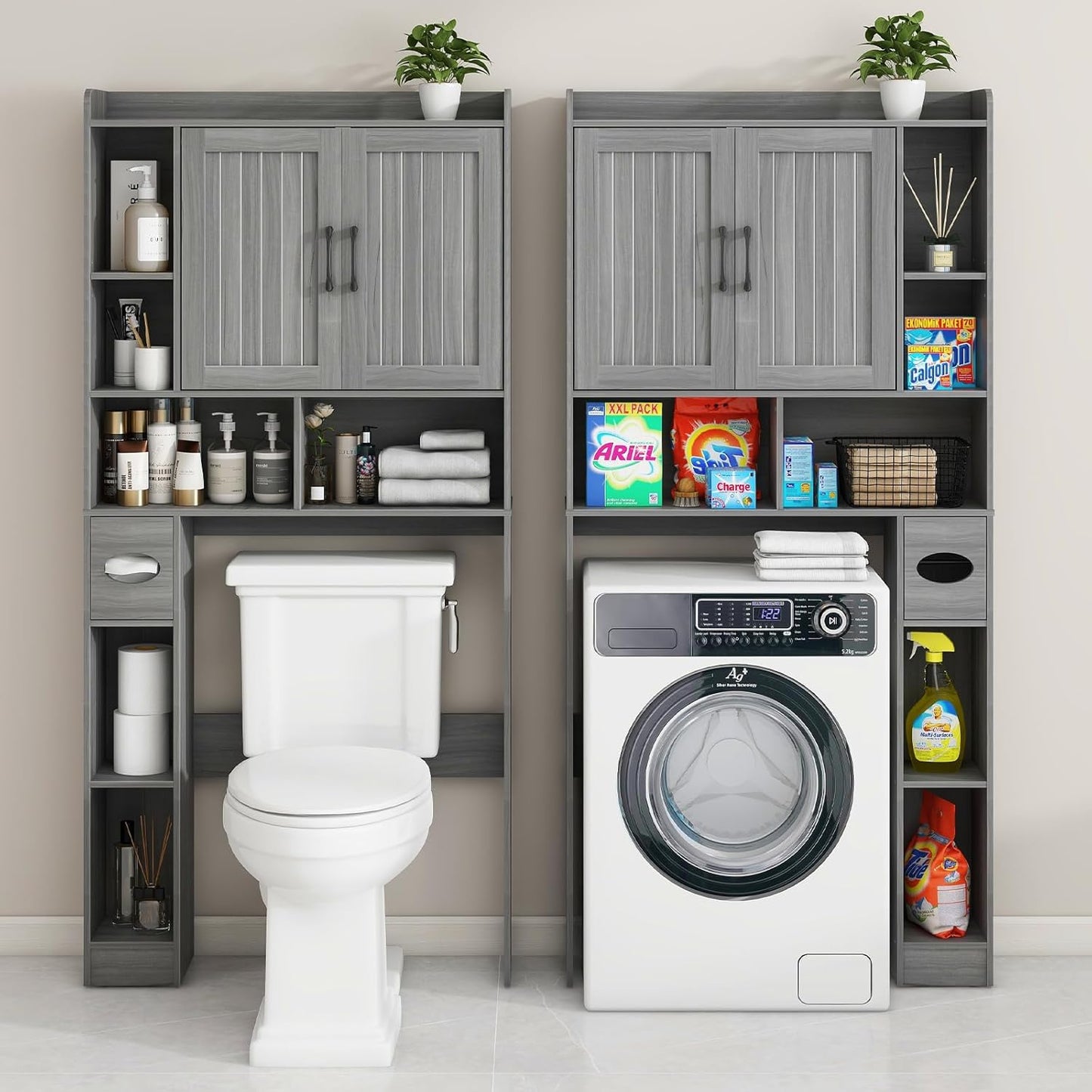 Vabches Over The Toilet Storage Cabinet, Farmhouse Storage Cabinet Over Toilet with Barn Door，Home Space-Saving Toilet Rack for Bathroom, Restroom and Laundry.（Wash Grey）
