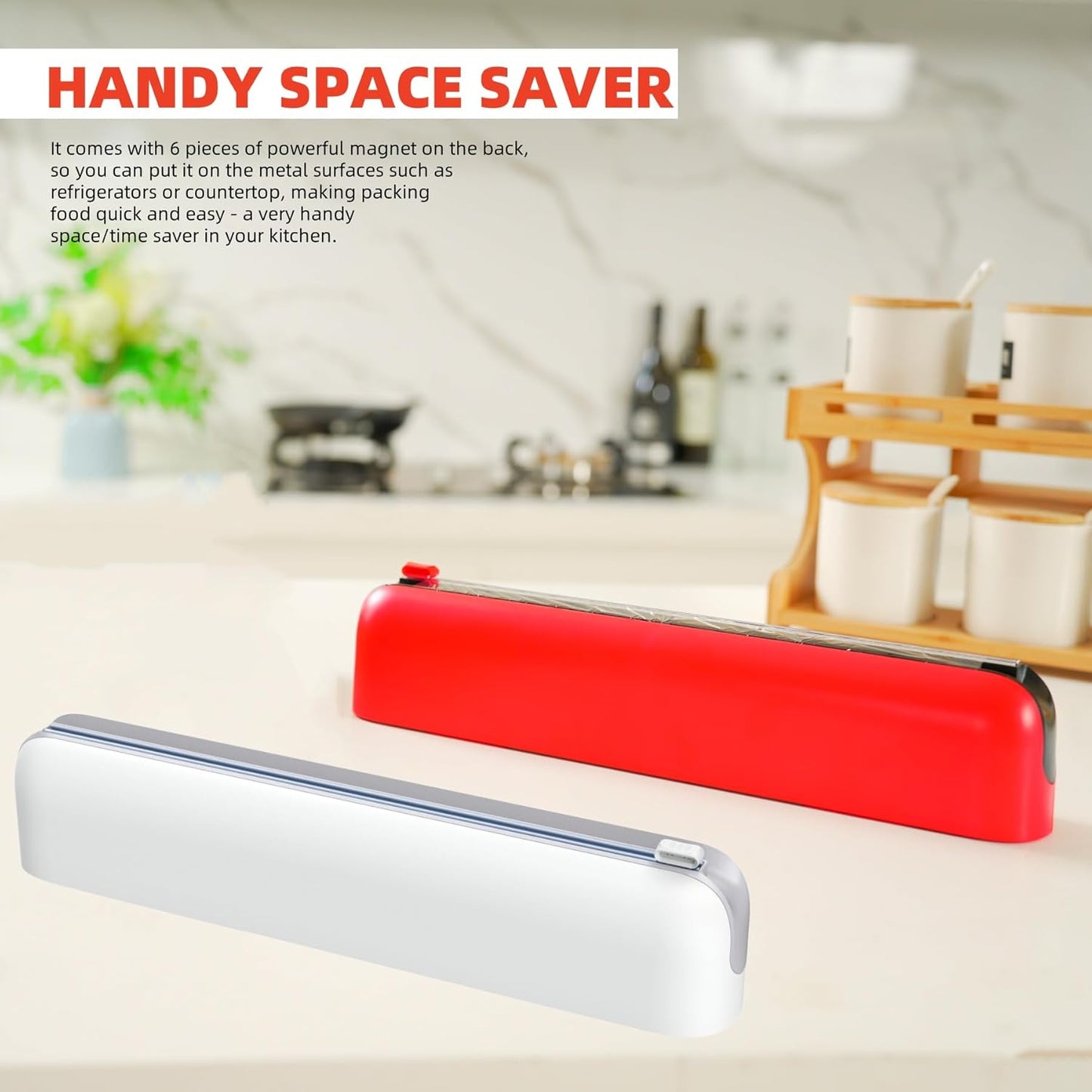 Aluminum Foil & Plastic Wrap Dispenser with Cutter - Easy One-Hand Operation, Space-Saving Kitchen Organizer for Worktops & Cabinets, Magnetic Cling Film Dispenser - Fits 12" Rolls, Red