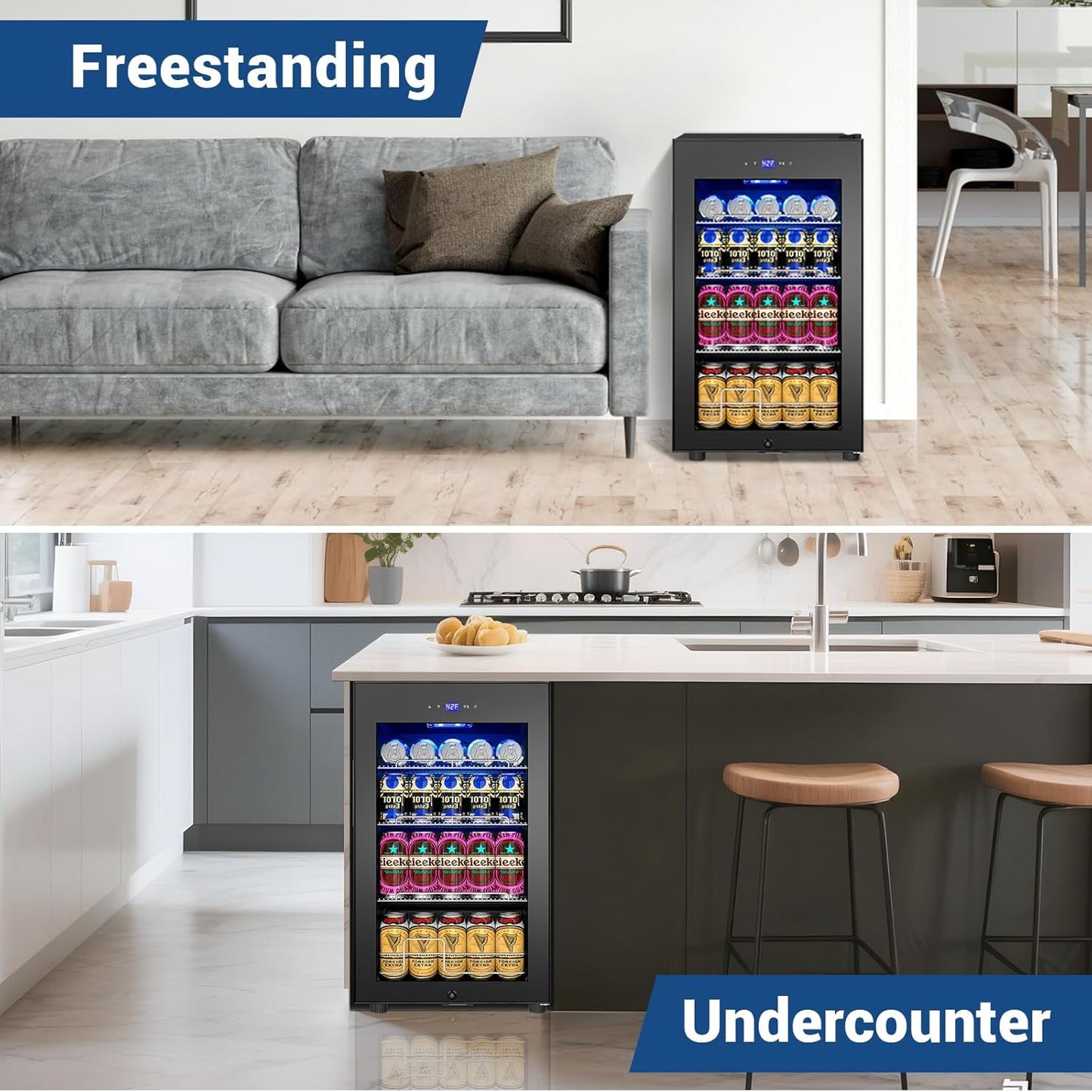 17 Inch Black Beverage Refrigerator- 126 Can Glass Door Beer Cooler with Temp Memory Freestanding Countertop Mini Fridge for Soda, Beer, Drinks Compact Drink Cooler for Home, Bar, Office