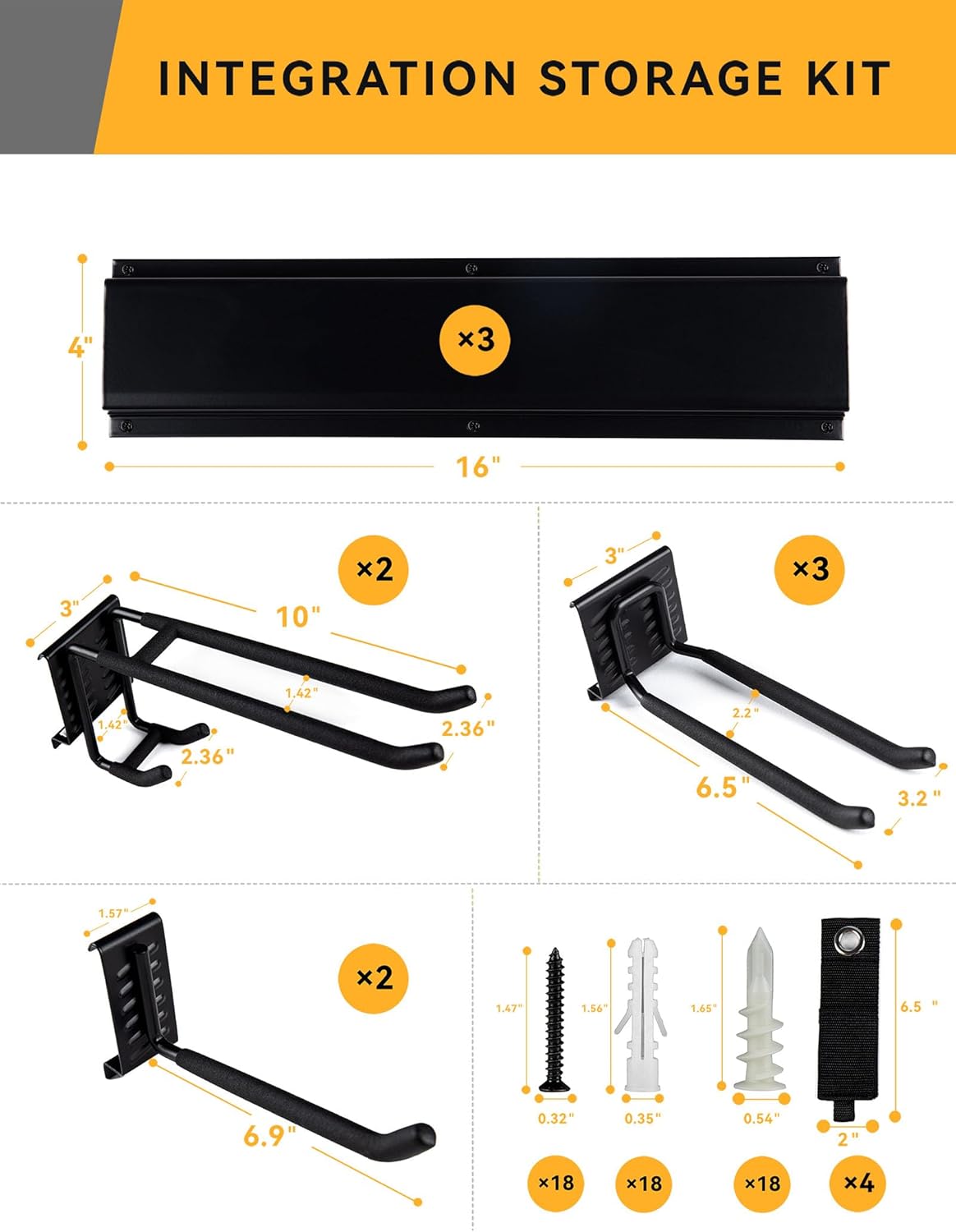 Wall Mount Garden Tool Organizer - 48 Inch Max Load 539lbs, Garage Storage with 7 Heavy Duty Hooks and 4 Cable Ties, Power Tool Organizer Rack