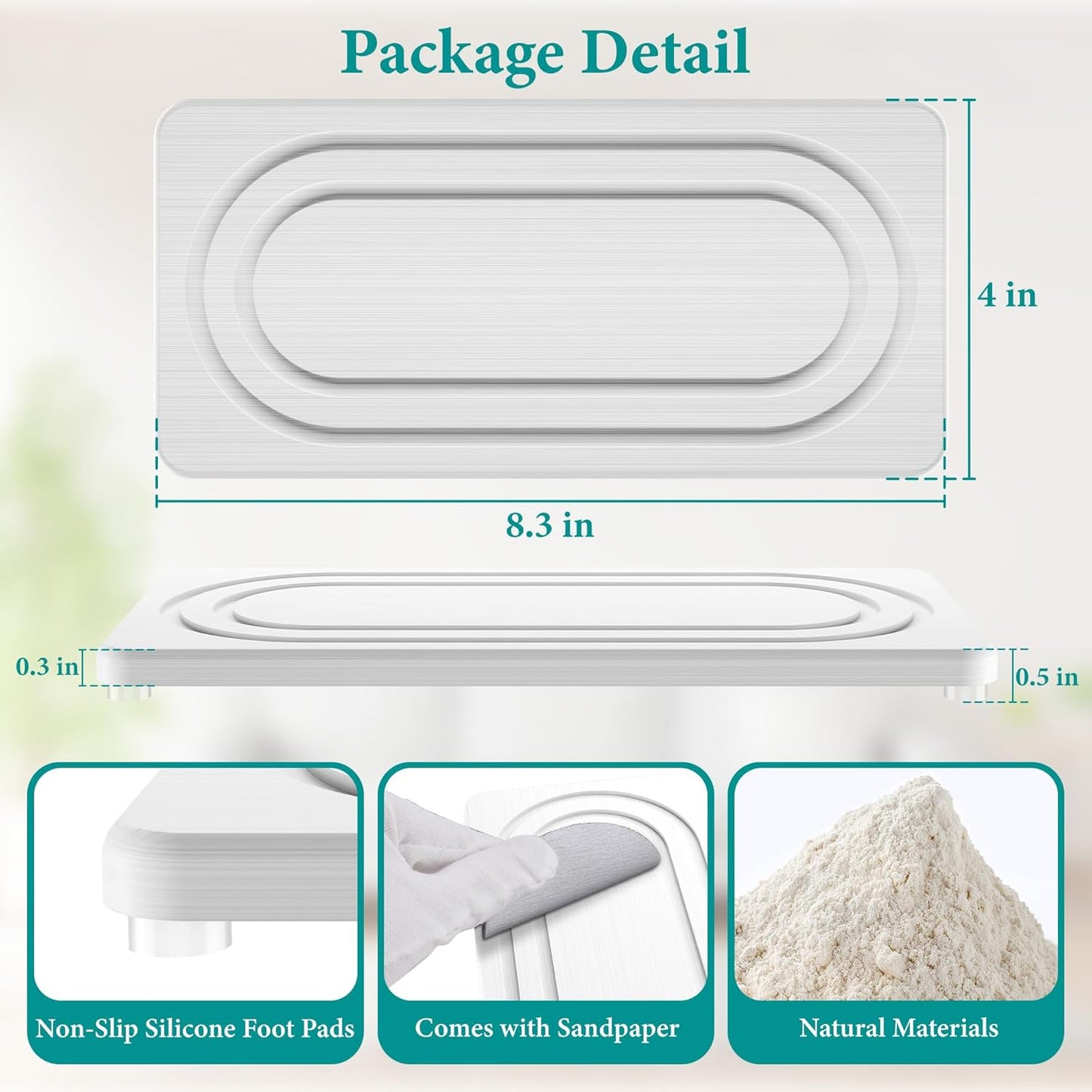 2 PCS Water Absorbing Stone Tray for Sink, Quick Drying Diatomite Bathroom Tray Countertop, Stone Drying Mat for Kitchen Counter Faucet, Soap Dish Dispenser Vanity Organizer, White-B-8.3" x 4"
