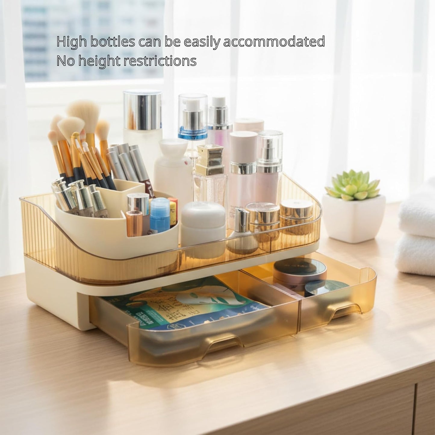 Large Plastic Makeup Organizer with Rotating Brush Holder for Vanity - Bathroom Countertop Skin Care Storage, Easy for Lipsticks, Nail Polishes, Perfumes & Eyeshadow Palettes
