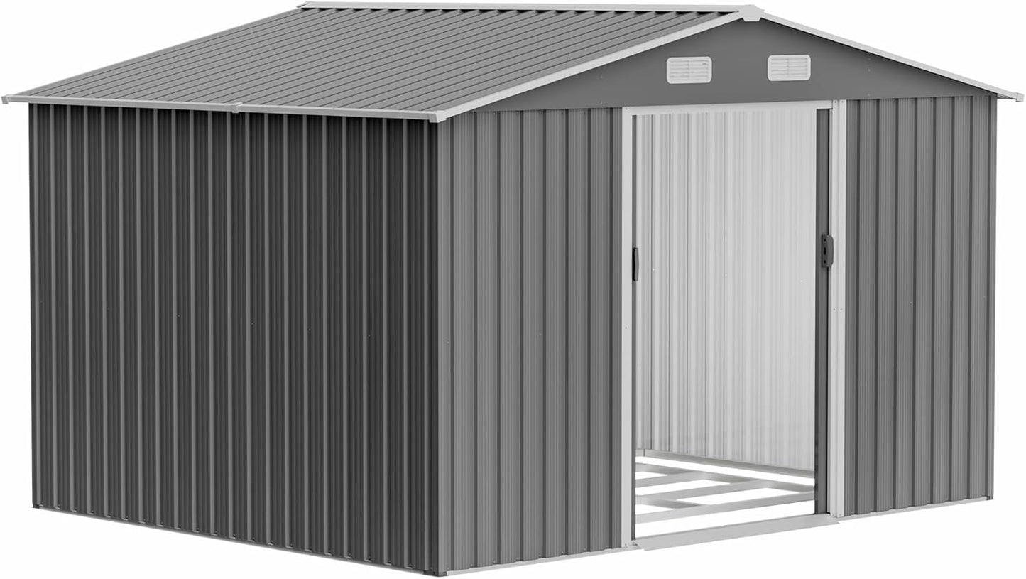 10x8 FT Outdoor Storage Shed with Floor Frame, Metal Sheds Included Double Air Vents & Lockable Sliding Door Foundation Steel Garden Tool Shed with Waterproof Roof Ideal for Backyard Patio Dark Gray