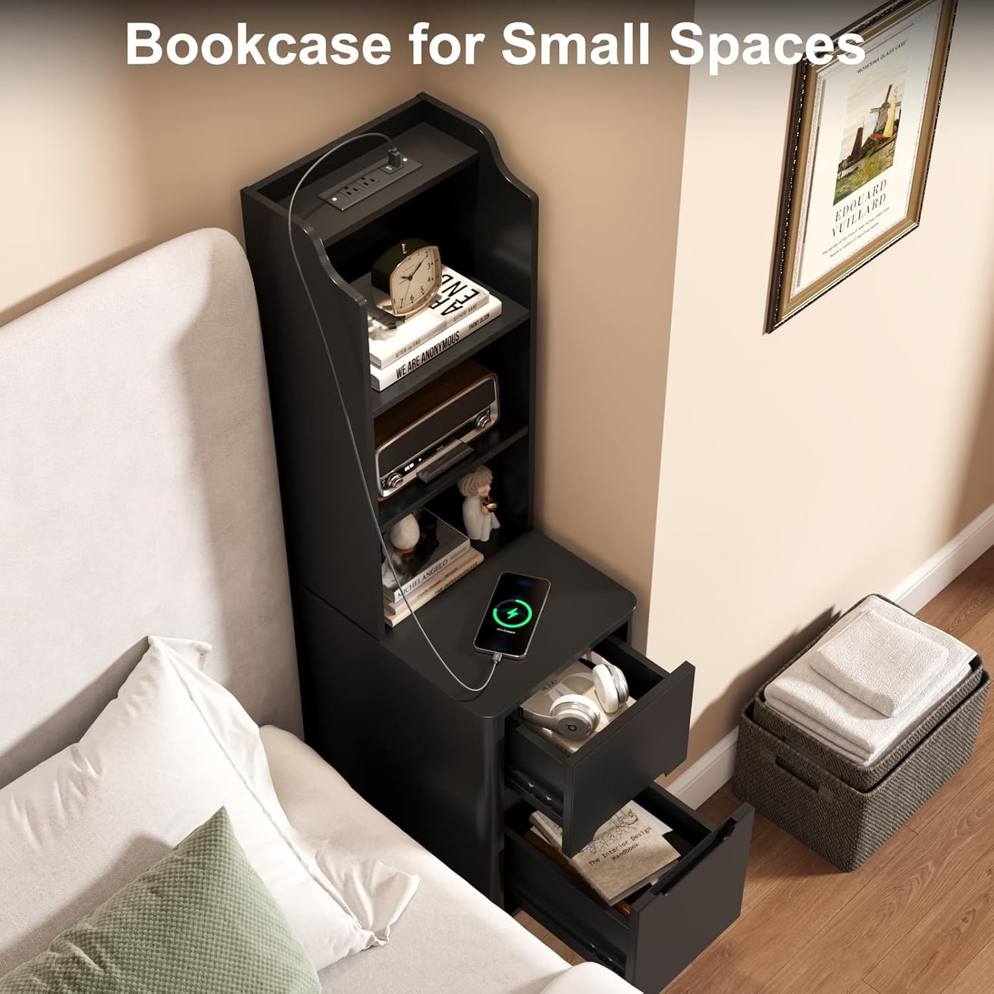 Tall Nightstand with Charging Station, Narrow Side Table with Bookshelf, 47" Tall Free Standing Wooden Night Stand with 2 Drawers and 4 Open-Shelves, Modern End Bedside Table for Bedroom, Black