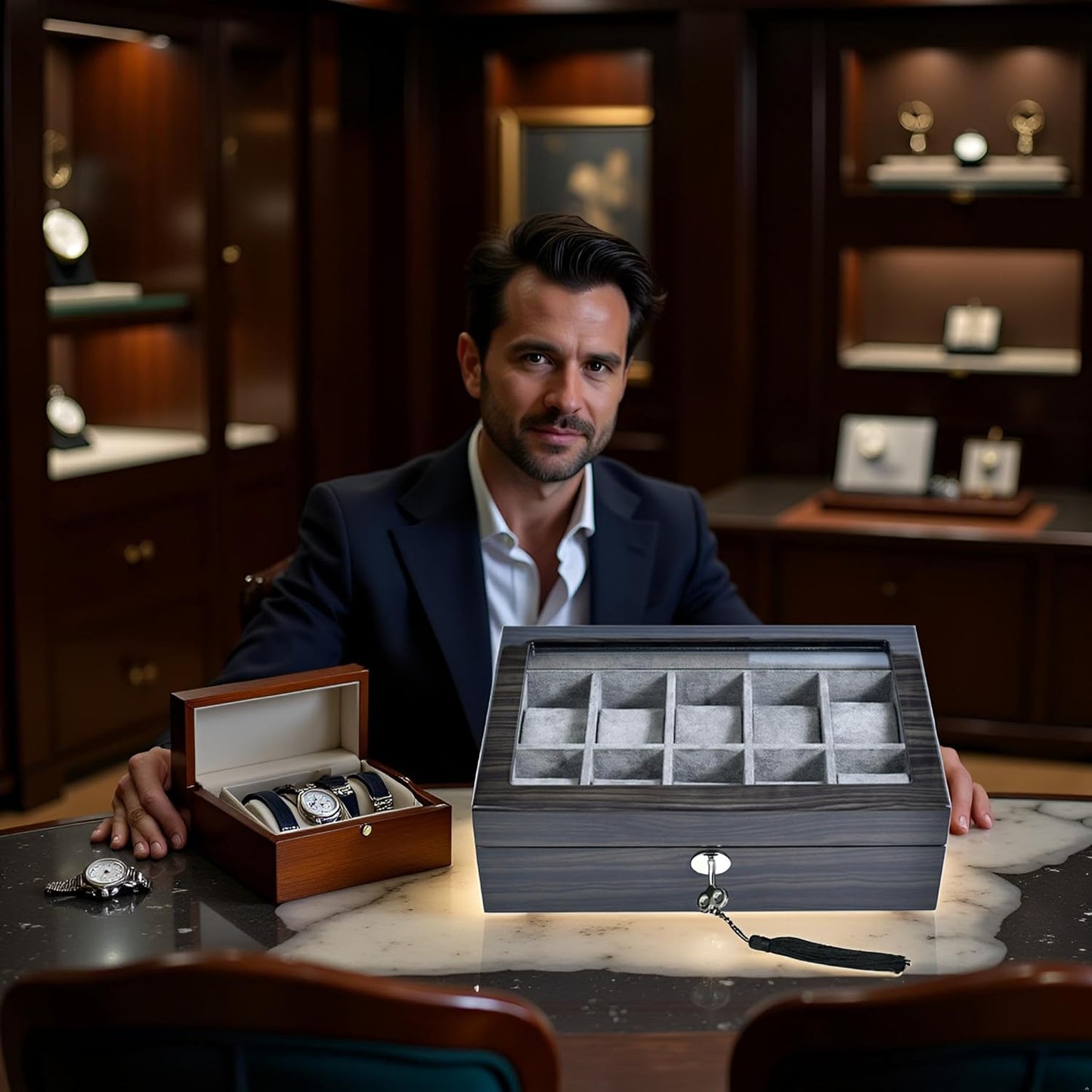 Watch Box for Men 10 Watches Storage box&Organizer Smart Watch Display Case - Ebony Wood with Soft Velvet Interior-Large Glass Window-Gift for Women and Man (10W-GYG)