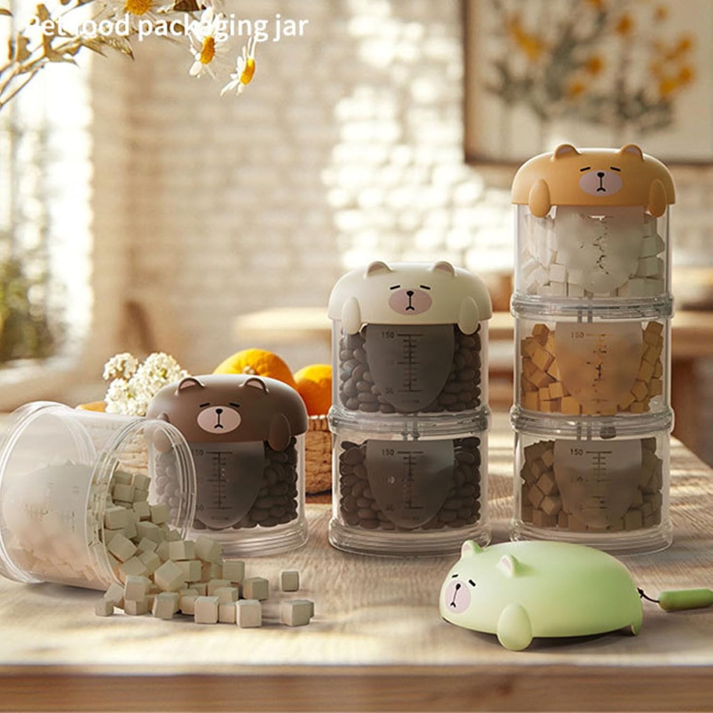 Visible Tiered Pet Treat Storage Box with Cartoon Design Cover for Dry Food and Accessories Feeding Accessories