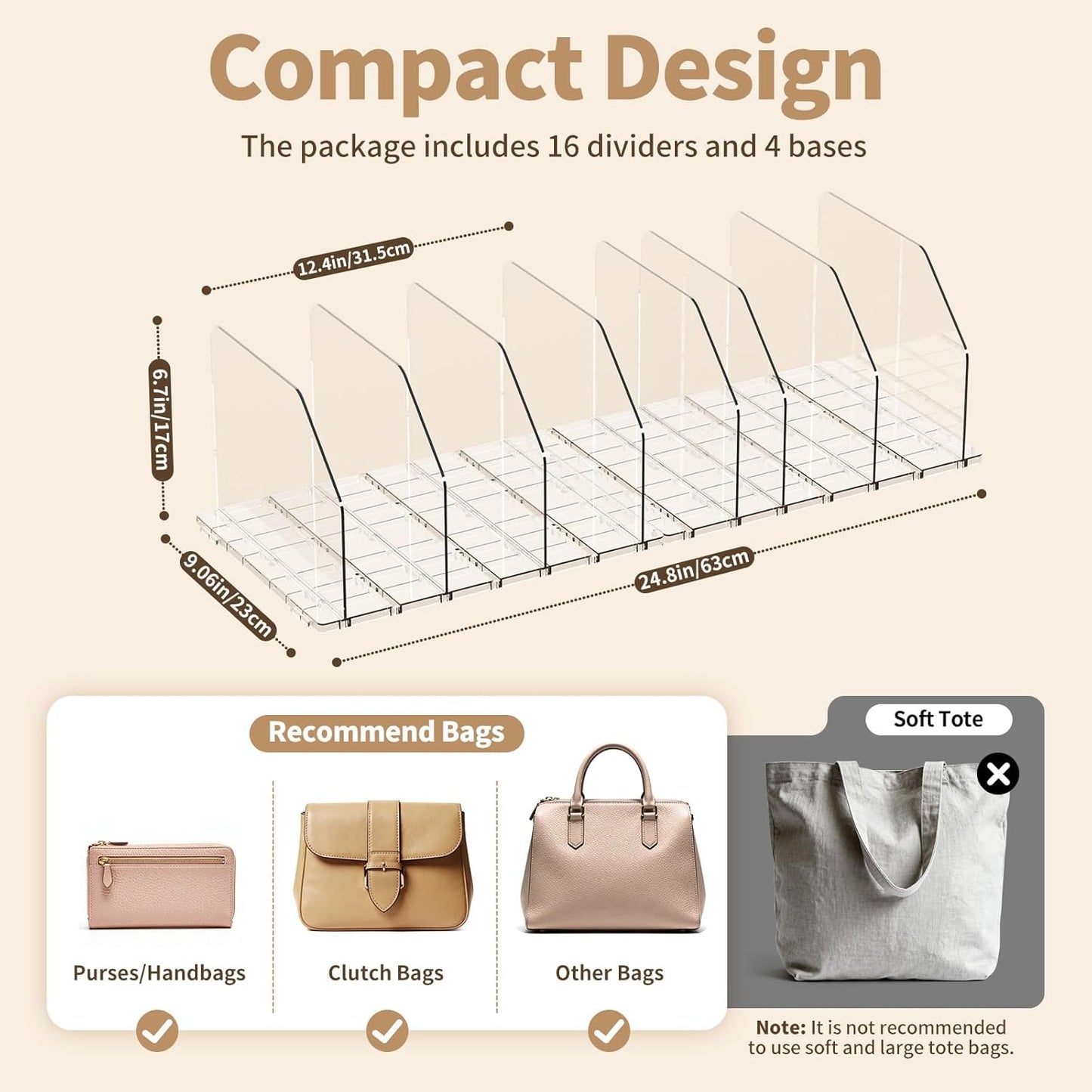 Purse Organizer for Closet, Shelf Divider Adjustable Clear Acrylic Handbag Storage, Bag Storage Separators, Keep Handbag & Books Neat and Upright in Bedroom, Office