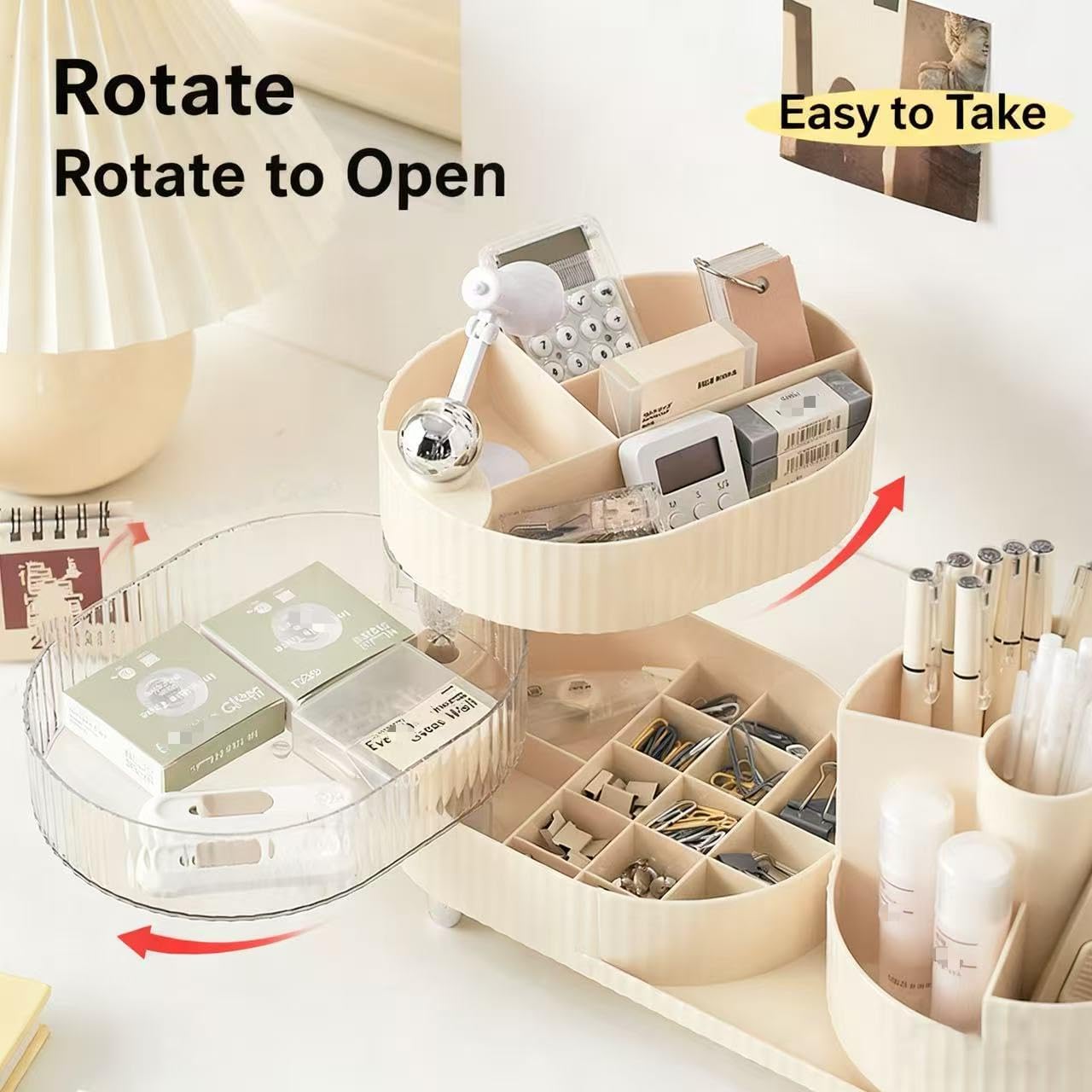 360° Rotating Cosmetic Organizer,3-Layer Display Cabinet With Brush Holder And Drawer,12 x 11 x 4 inches(Cream White)