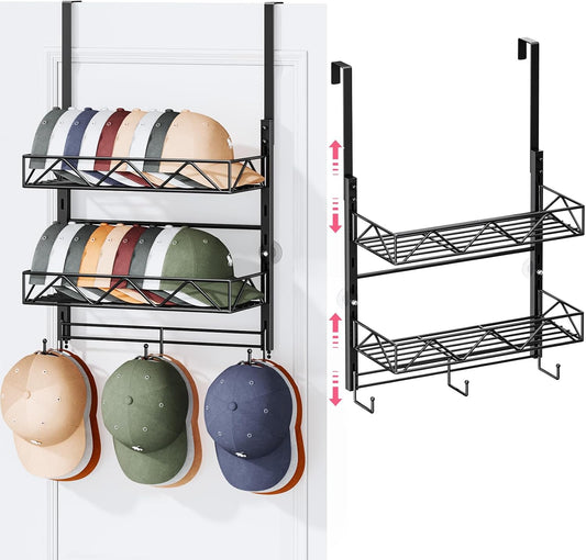 SWTYMIKI Over Door Hat Organizer - 3 Tier Wall Mounted Hat Rack with 2 Adjustable Metal Basket and 3 Hooks, Hanging Baseball Cap Organizer Storage Holds up to 29 Caps for Door, Bedroom, Closet