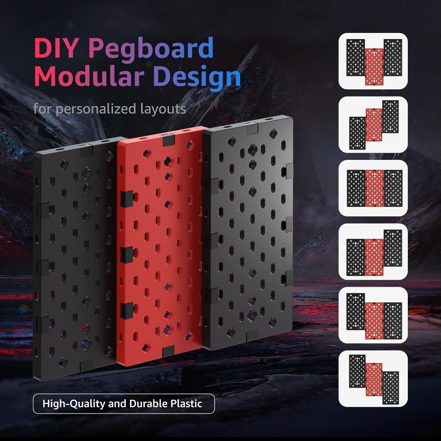 PEGZONE Modular Headphone and Controller Holder for Game, Clamp-on Pegboard, Rotatable Controller Stand with Cable Hooks, Gaming Accessory for Xbox PS5 PS4 Nintendo Switch, 3Pcs Pegboard, Red