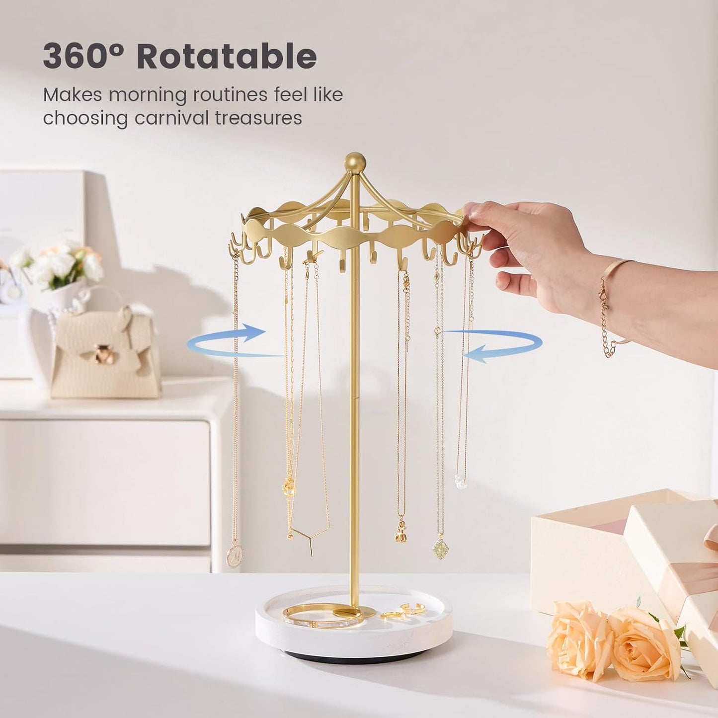 Lolalet Rotating Necklace Holder Stand with Metal Hooks, Spinning Display Carousels, Freestanding Organizer Hanger, for Long Necklaces Chains -Gold