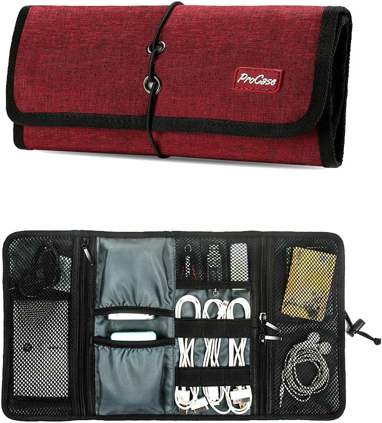 ProCase Electronic Organizer Cord Pouch, Travel Cable Charger Phone Accessories Bag Organizer Roll up Tech Carrying Case for USB Cables SD Memory Cards Earphone Flash Hard Drive -Red