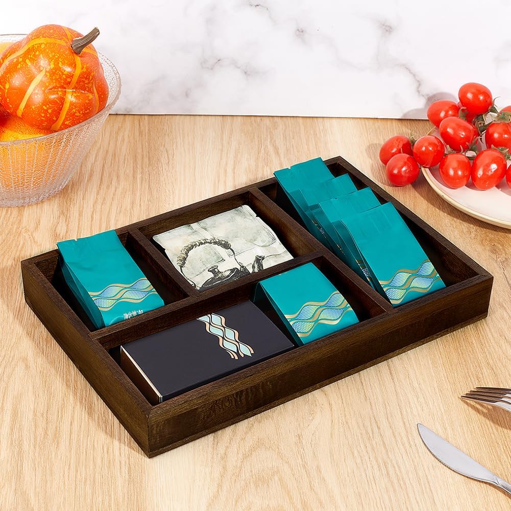 PH PandaHall 5 Grids Wooden Tea Bag Organizer Tea Storage Tray Sugar Packet Holder Condiment Storage Containers Sweeteners Candy Organizer Box for Coffee Station Kitchen Countertop Office Supplies