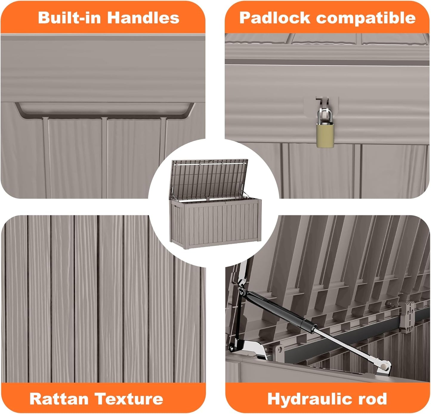 180 Gallon Resin Deck Box, Lockable Patio Outdoor Storage Box for Furniture, Garden Tools and Tools Storage, Waterproof Outside Storage Boxes - Grey