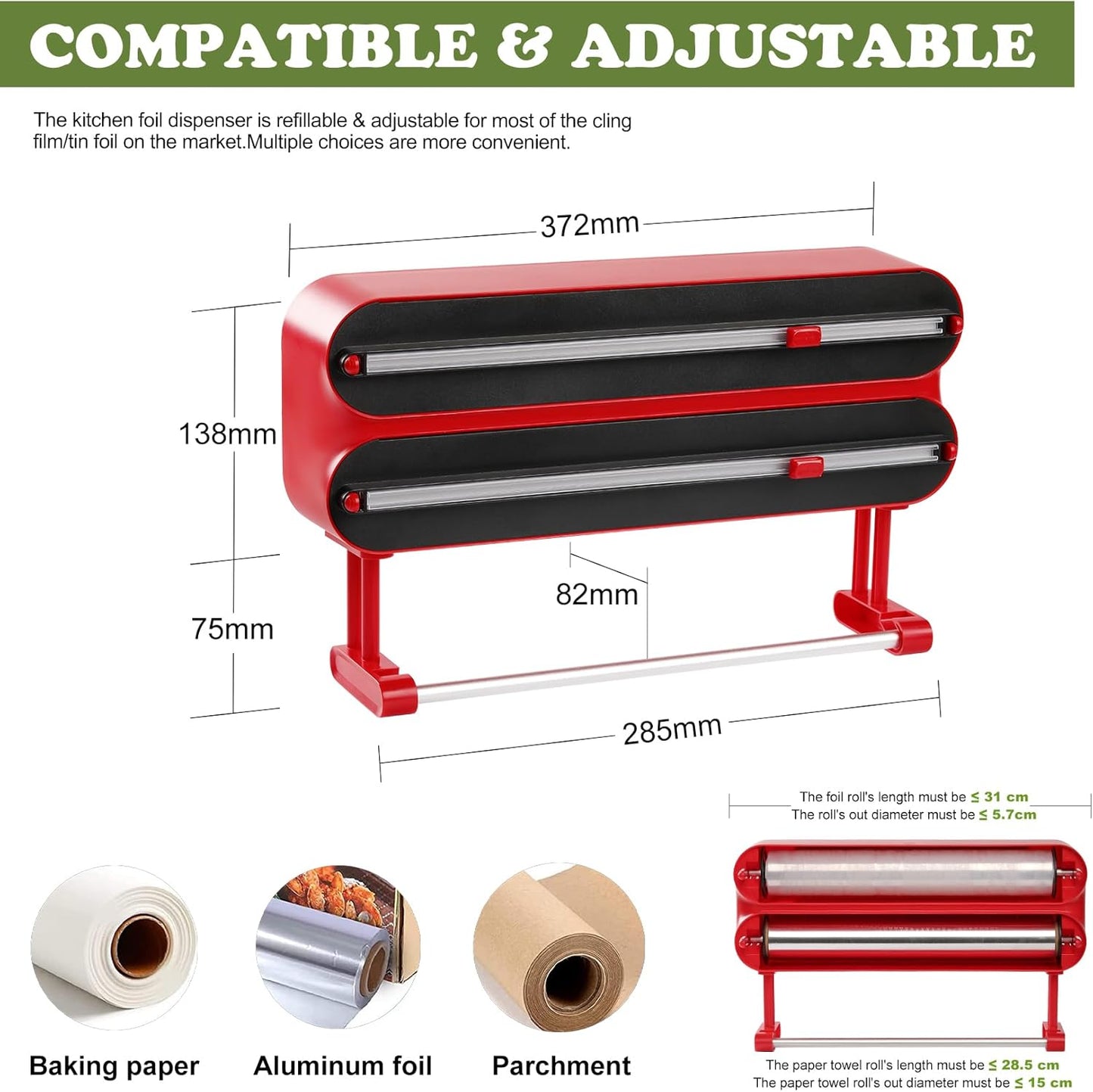 Aluminum Foil & Plastic Wrap Dispenser with Cutter - Magnetic & No-Drill Wall Mount, Cling Film Dispenser with Paper Towel Holder, Space-Saving 3-in-1 Kitchen Organizer - Fits 12" Roll, Red