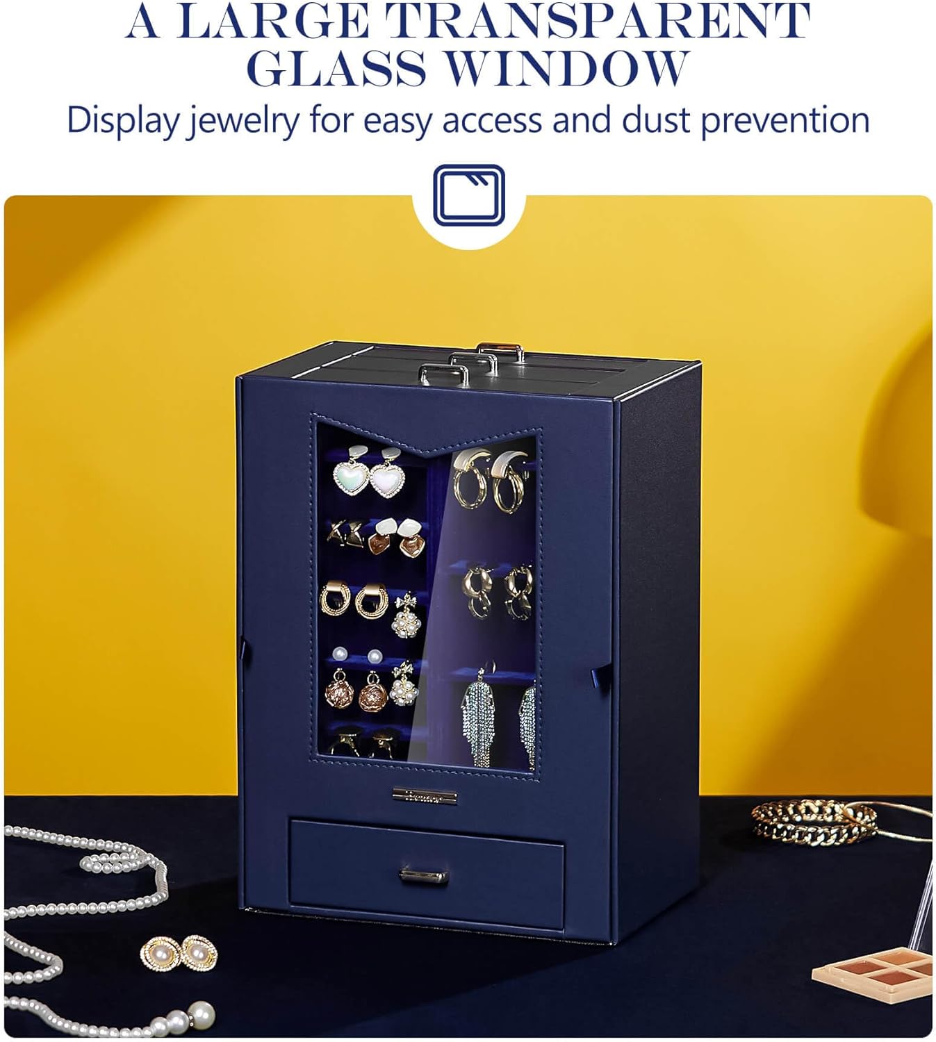 Homde Jewelry Organizer with Transparent Window Necklace Hooks Gift for Women Jewelry Box Display Case for Necklaces Rings Earrings Bracelets and Other Accessories (Dark Blue)