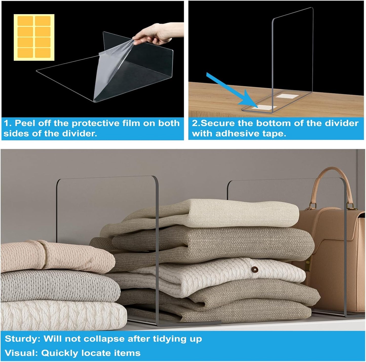 OKPOW Shelf Dividers Closet Organizer - 7.5" Tall X 11.8" Deep Acrylic Clear Sturdy Separate for Clothes Purse - Adjustable Space Saver Easy Install for Home Organization Enthusiasts 12 Pack