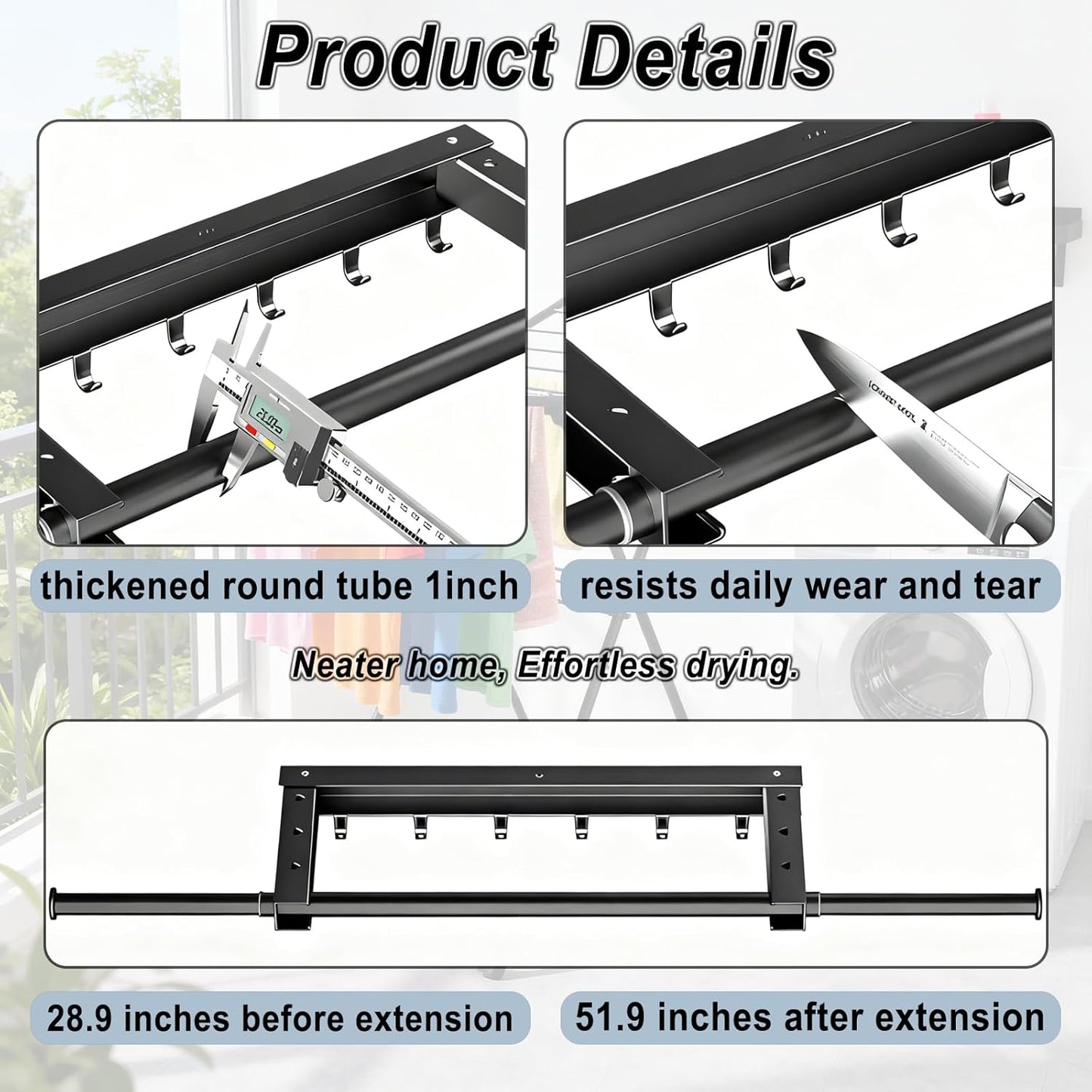 2 Pcs Clothes Drying Rack, Laundry Drying Rack with Wall-Mount Foldable Space Saving Design, Indoor Folding Clothes Horse for Small Spaces with Retractable Rods, Black