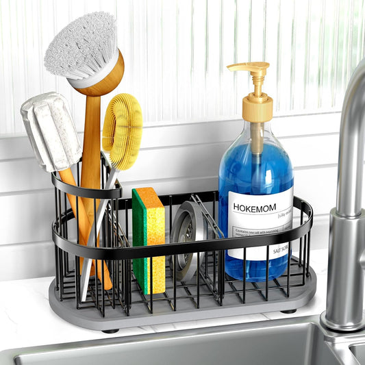 Kitchen Sink Organizer with Sponge Holder & Brush Holder - Drain-Free Non-Slip Base, 2.6mm Stainless Steel with Black Rust-Resistant Coating - Easy Install & Clean Kitchen Sink Caddy