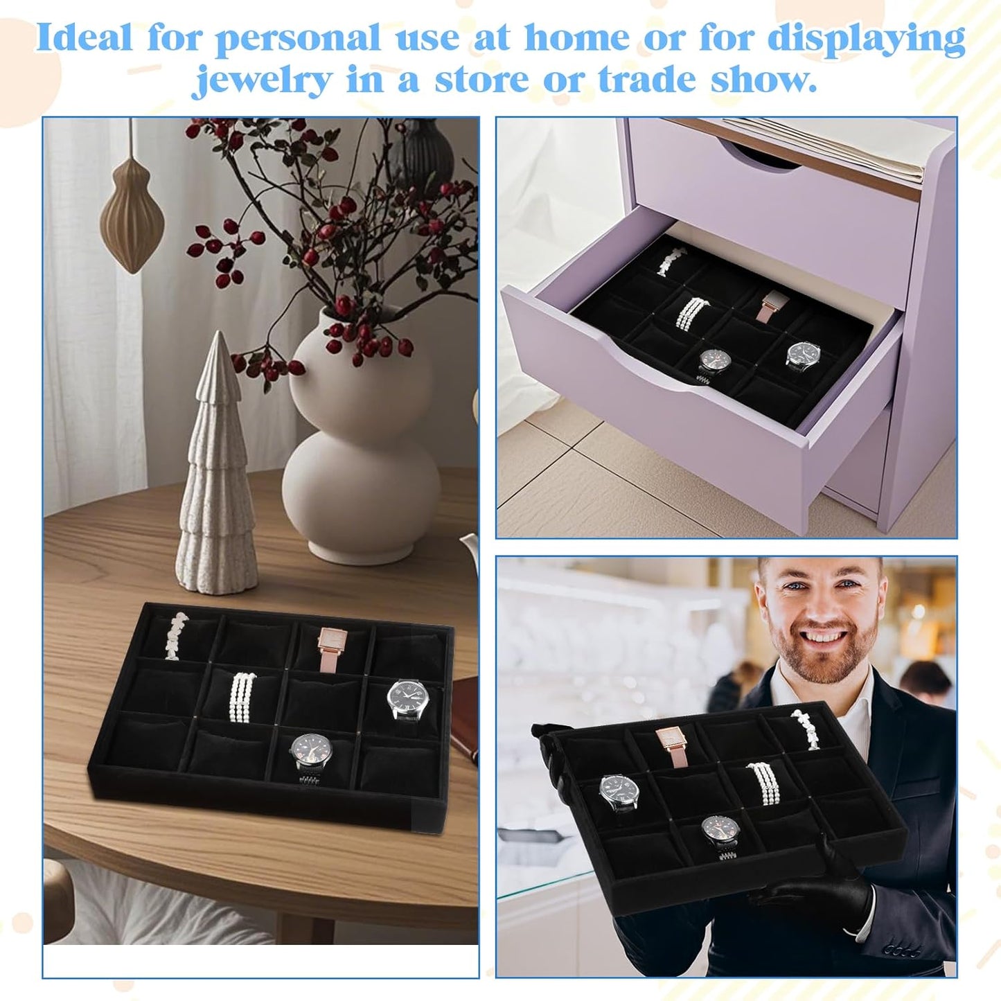 2 PCS Watch Holder Organizer for Men,12 Grid Watches Storage Box with Adjustable Bracelet Pillow, Boxwood Stackable Jewelry Trays, Watch Display for Selling, Women and Men -Black