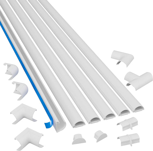 D-Line Medium Cord Cover Kit, 30ft Self-Adhesive Wire Hider, Half Round Cord Covers, Paintable Cable Management - 6X 5ft Channels and 10 Accessories