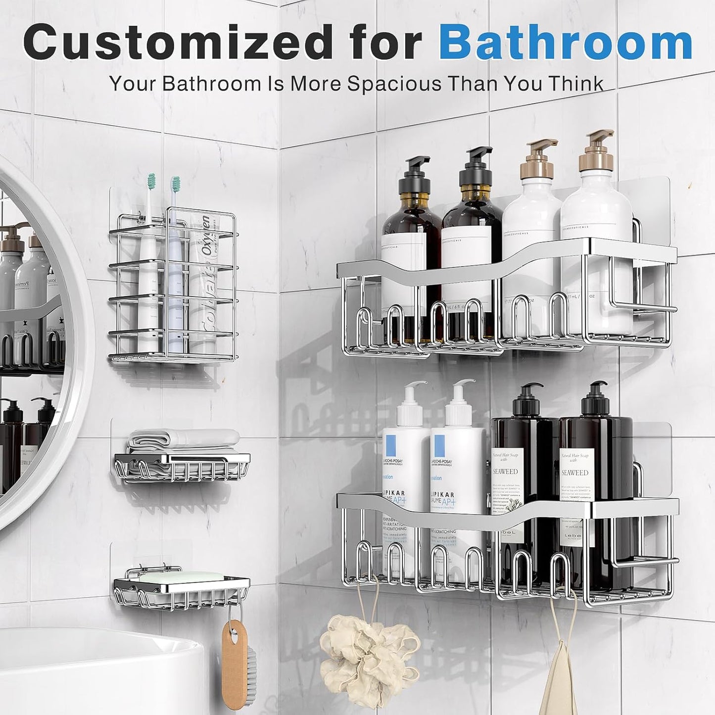 EUDELE 5-Pack Rustproof Stainless Steel Shower Caddy – No Drill Adhesive Bathroom Organizer with Large Capacity, Spacious Shower Shelves for Inside Shower, Kitchen & Home Decor Storage-XL Size