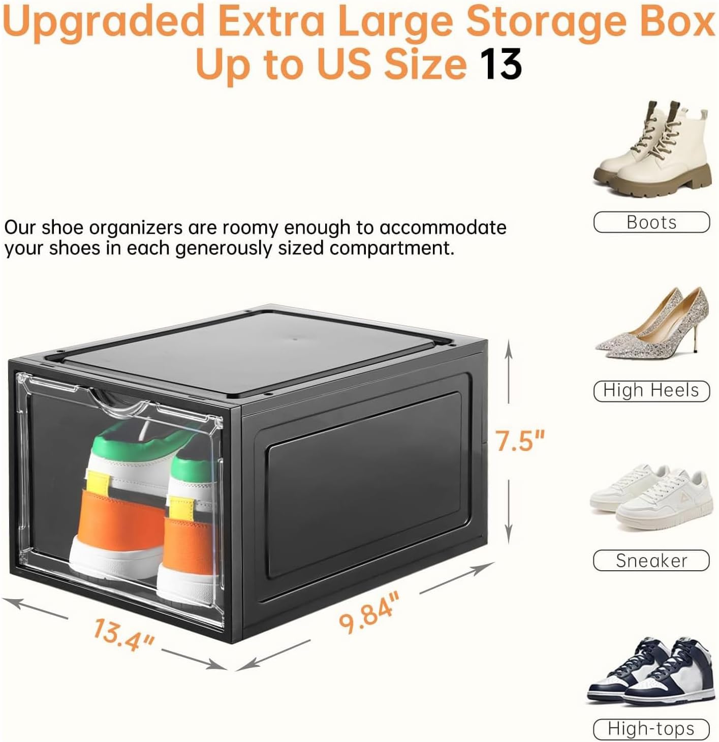 Clemate Upgraded X-Large Shoe Storage Box,12 Pack,Shoe Box Clear Plastic Stackable,Drop Front Shoe Box with Clear Door,Shoe Organizer Containers For Sneaker Display,Fit up to US Size13, Black