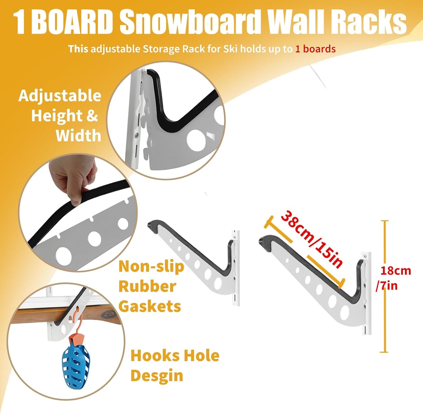 Snowboard Wall Racks, Adjustable Storage Rack for Ski, Surfboard, Wakeboard, Snowboard Wall Mount Display, White/Black
