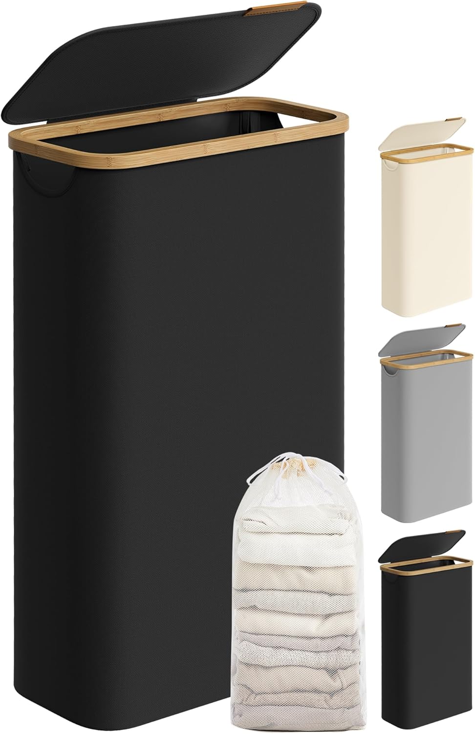 SONGMICS Laundry Hamper with Lid, Slim Laundry Basket, 17.2 Gallons (65L), Space-Saving, Removable Mesh Liner, Bamboo Handles, Collapsible, 16.5 x 8.9 x 27.8 Inches, Ink Black ULCB506B01