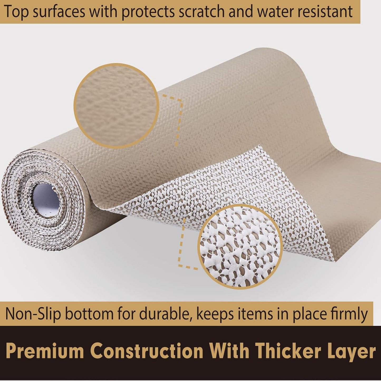 Premium Drawer and Shelf Liner for Cabinet, Non Adhesive Liner for Kitchen, Strong Grip Non Slip Shelf Liners for Kitchen Cabinets, Storage, Drawers, Shelves, Kitchenware and Tableware (Beige)