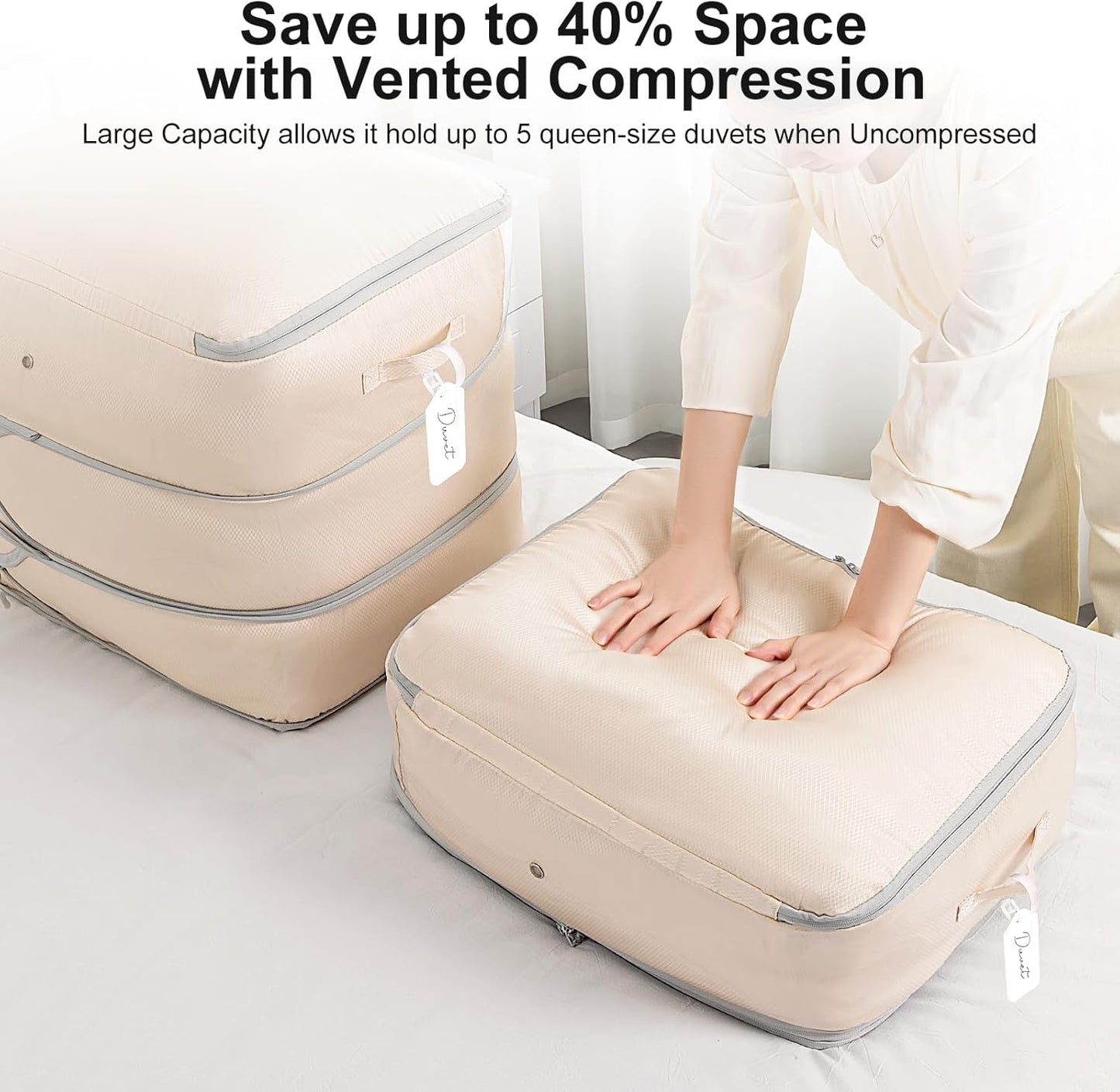 Comforter Storage Bag - Large Capacity Blanket Storage Bags 3-Layer Ultra Space Saving Self Compression Organizer, Washable Compression Bags for Storage Comforter Blanket, 4-Pack, Beige