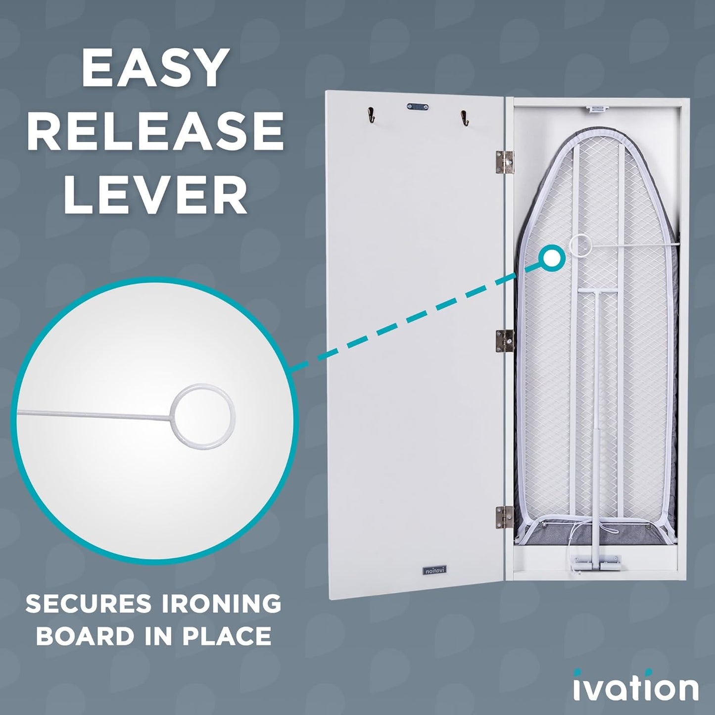 Ivation Wall-Mounted Ironing Board Cabinet, Foldable Ironing Storage Station for Home, Apartment, Easy-Release Lever, Garment Hooks, White