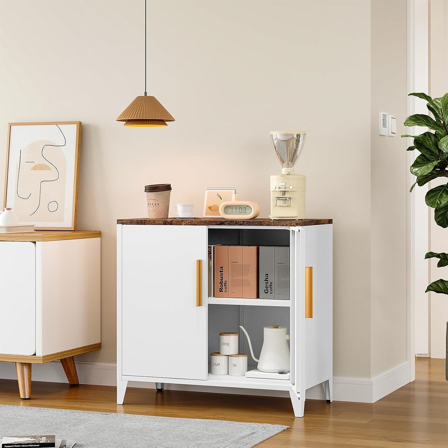 STANI 30" H Outdoor Storage Cabinet, Sideboard Buffet Cabinet, 2 Doors, Metal, Adjustable Shelf, Kitchen,Coffee Bar, Garden, Entryway, Table Cupboard,16" Dx 32" Wx30 H White