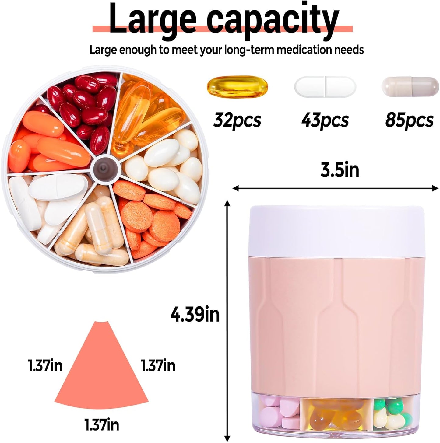Betife Extra Large Supplement Organizer,Weekly Pill Organizer Bottle, Daily Pill Dispenser with 7 Large Compartments, Organizer to Hold 7 Day Vitamin Medication,21 Labels and a Cleaning Brush（Pink）