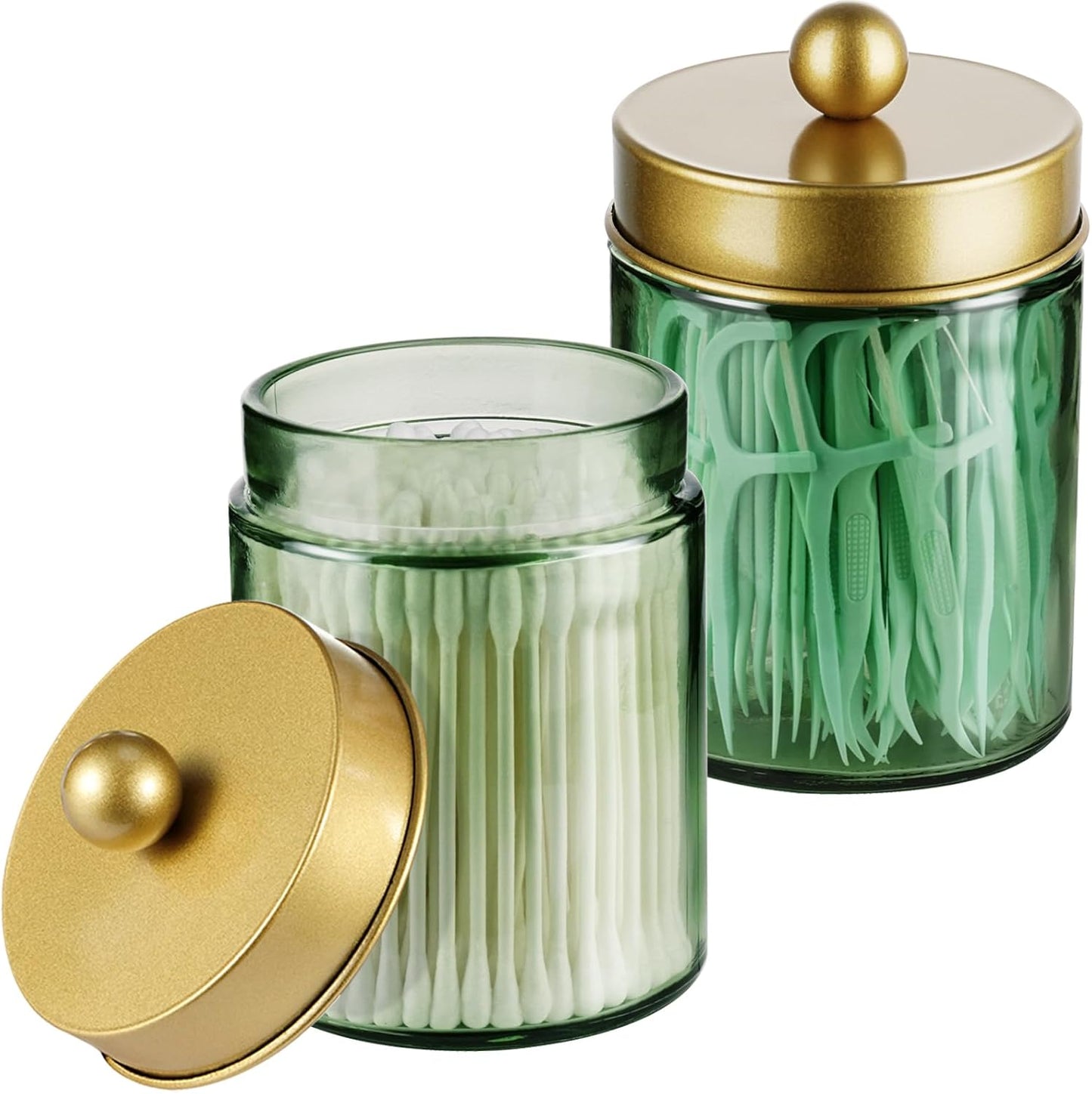 Amolliar Sage Green Qtip Holder, Glass Apothecary Jar Metal Lid & Stickers, Bathroom Qtip Holder Storage Canister, Farmhouse Decor for Cotton Balls, Swabs, Round Pads, Bath Salt, Floss, Gold 2 Pack