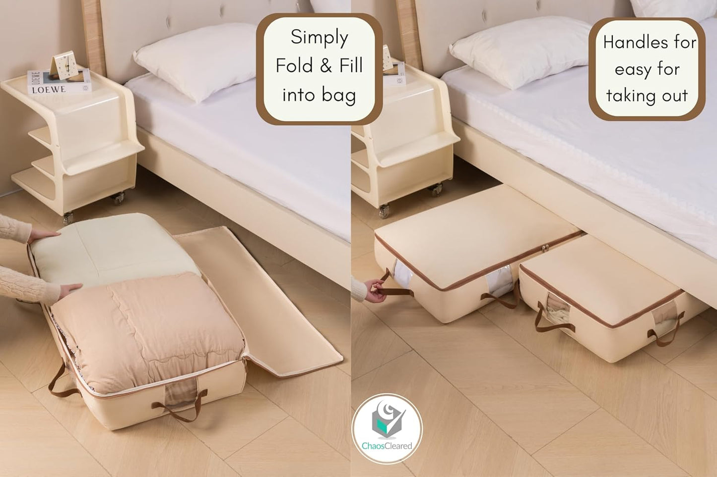 Under Bed Storage Bags 2 Pack - Low Blanket Storage Containers for Bedding, Linens & Sweaters, Made from Canvas, Extra Durable & Perfect Space Saving Solution, 38"L x 19"W x 6"H, Beige