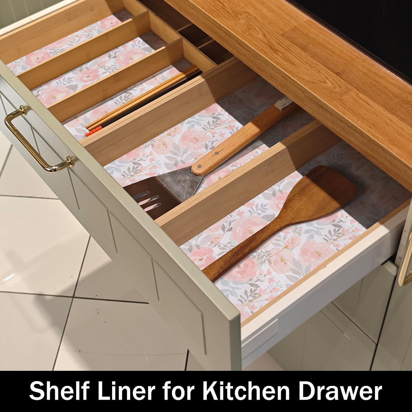 Peony Shelf and Drawer Liner for Kitchen,Non-Adhesive and Strong Non-Slip Floral Cabinet Drawer Liners for Kitchen Shelf, Waterproof Cupboard Liners,Easy to Clean,12IN x 10FT