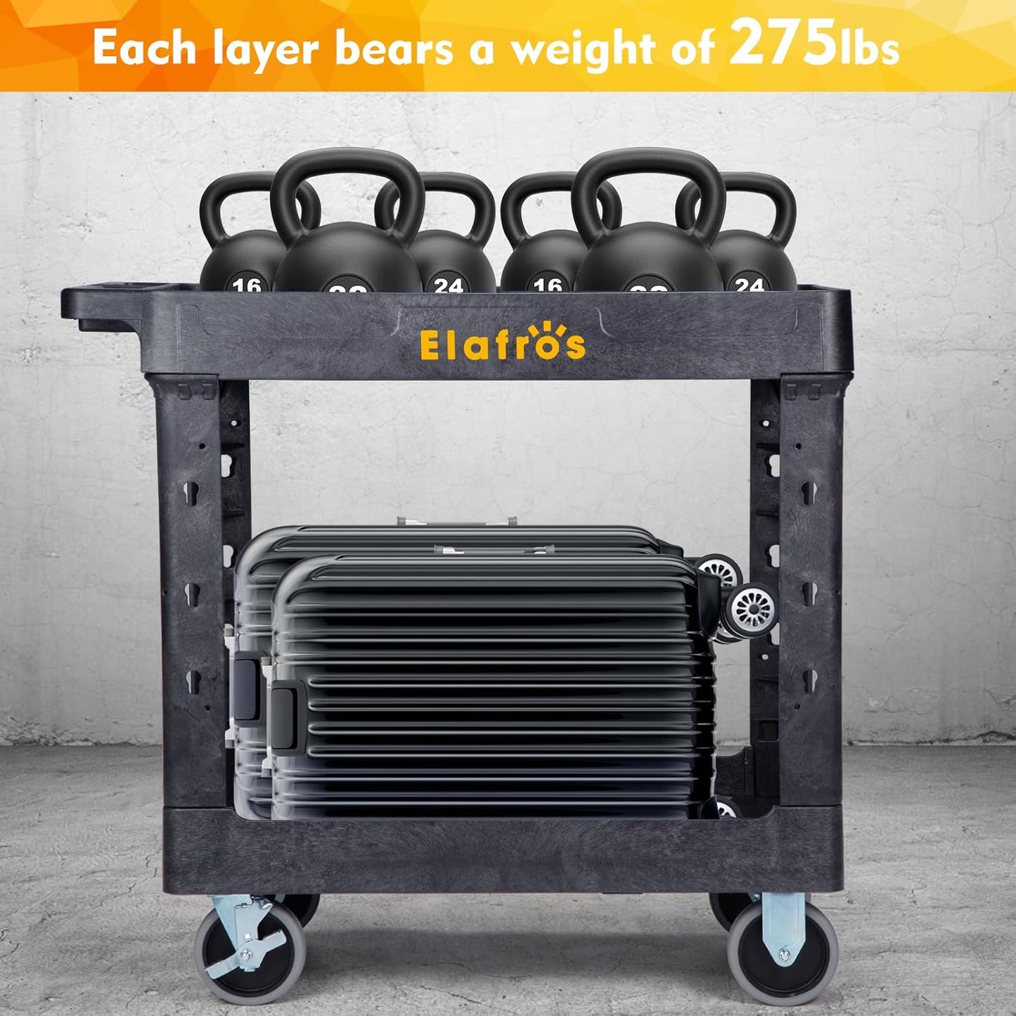 ELAFROS Heavy Duty Plastic Utility Cart 34 x 17 Inch - Work Cart Tub Storage W/Deep Shelves and 2 Fixed 2 Swivel Wheels Safely Holds up to 550 lbs - 2 Tier Service Cart for Warehouse,Garage, Black
