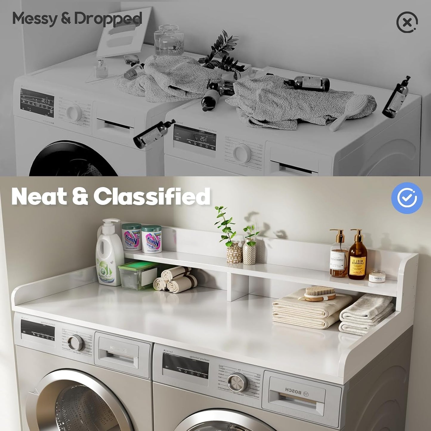 2-Tier Washer and Dryer Countertop with 2.75" H Guard,58" W x 28" D Laundry Countertop Cover with Non-Slip Pad,Large Space Laundry Topper for Folding Clothes Over Washer and Dryer-White