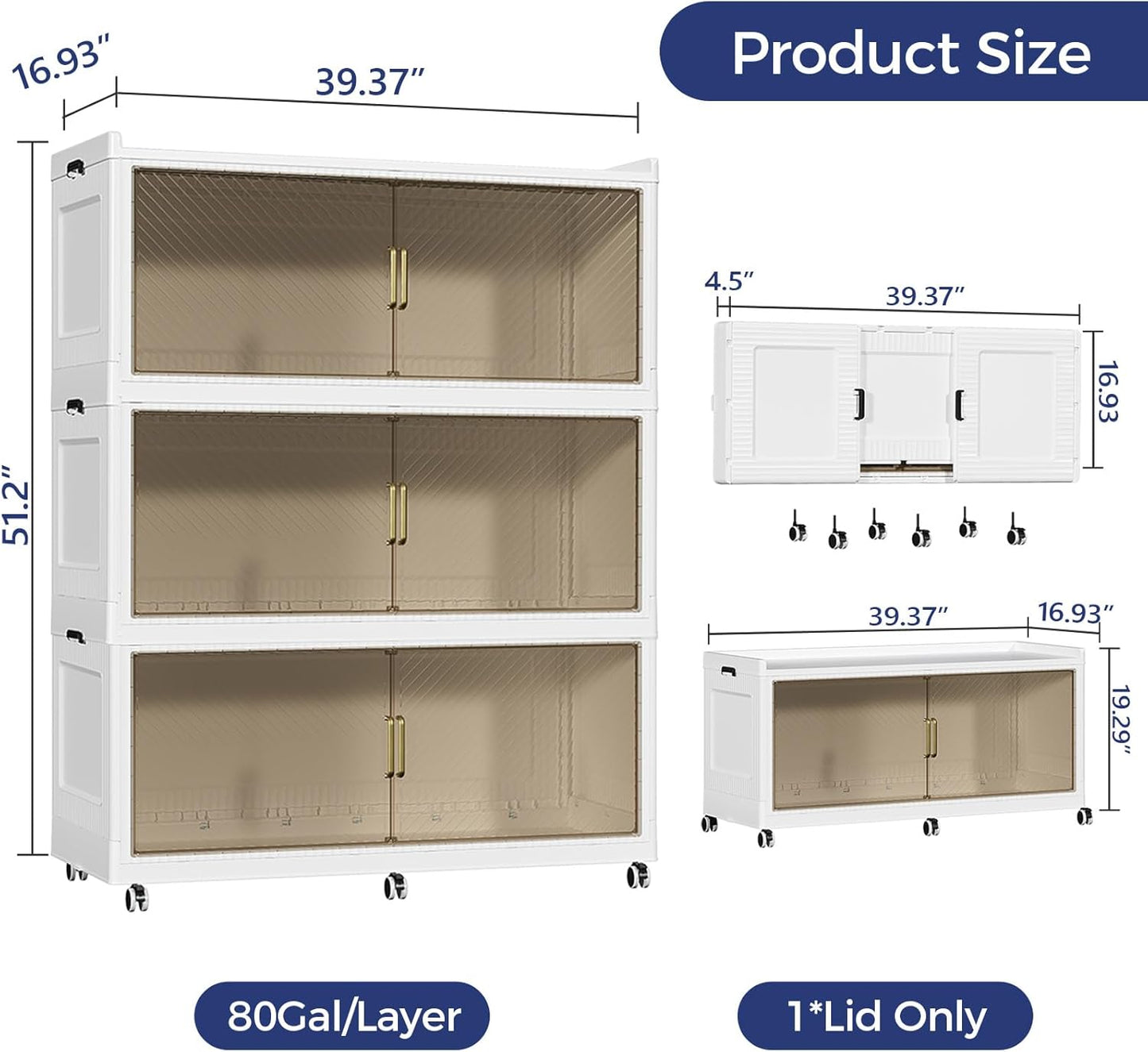 240GAL Extra Large Storage Bins with Lid, 960QT Collapsible Organizer with Wheels, Stackable Closet Cabinet with Doors, Folding Storage Containers for Home, Office, Kitchen, 3Pack White