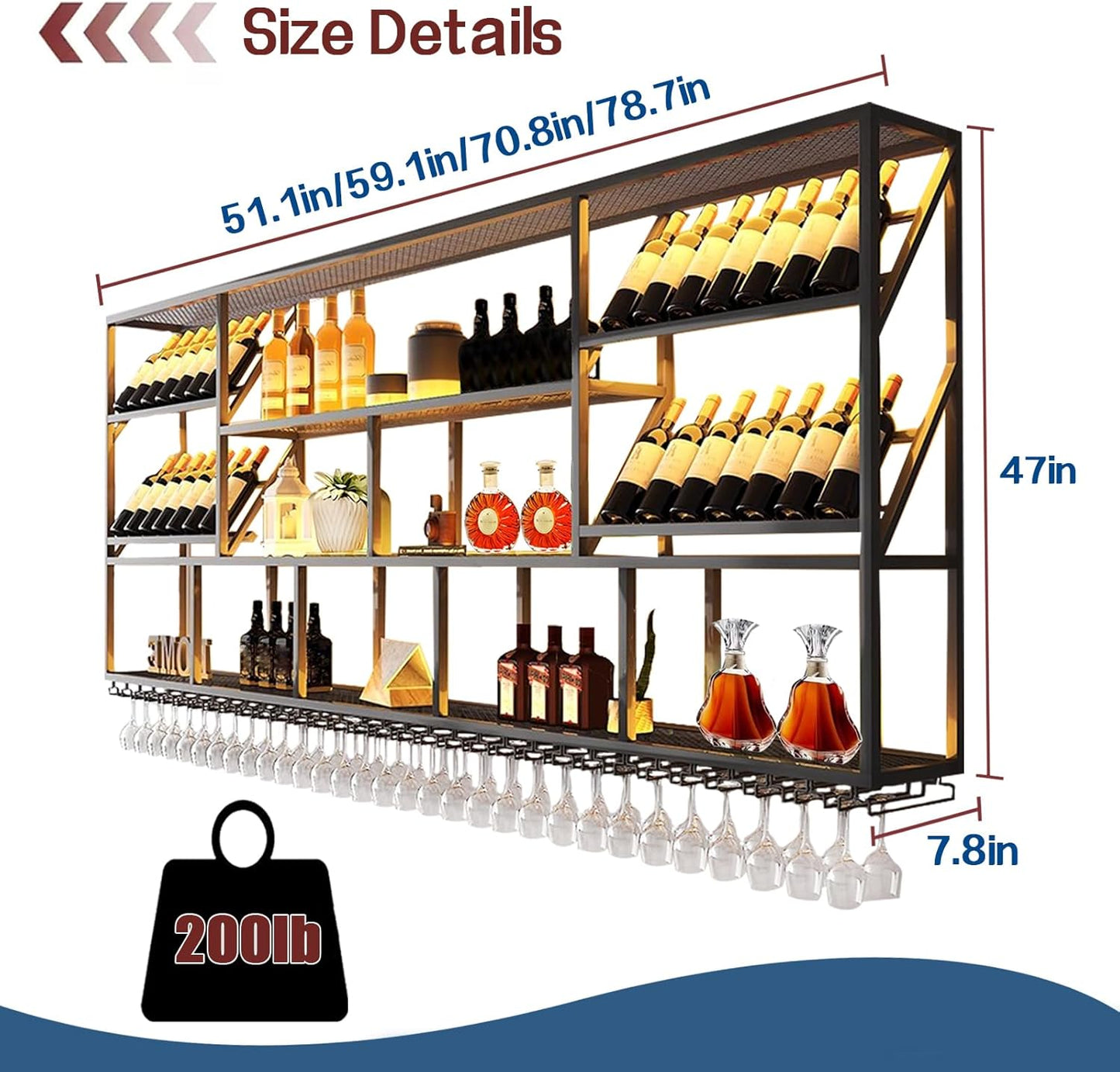 3 Tier Large Wine Rack Wall Mounted with Glass Holder, Black Modern Iron Liquor Shelf, 59.1 Inch Large Wine Bottle Display Shelf, for Kitchen Dining, Home Bar, Cellar (59.1" W)