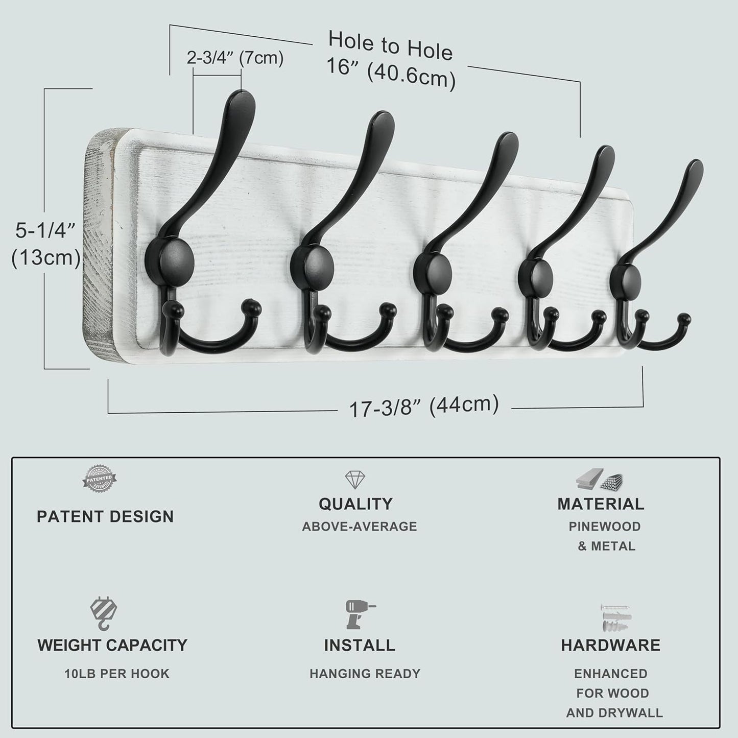 Dseap Coat Rack Wall Mounted - 5 Tri Hooks, Heavy Duty, Wooden Wall Coat Hanger Coat Hook for Clothes Hat Jacket Clothing, Natural & Black, 2 Packs