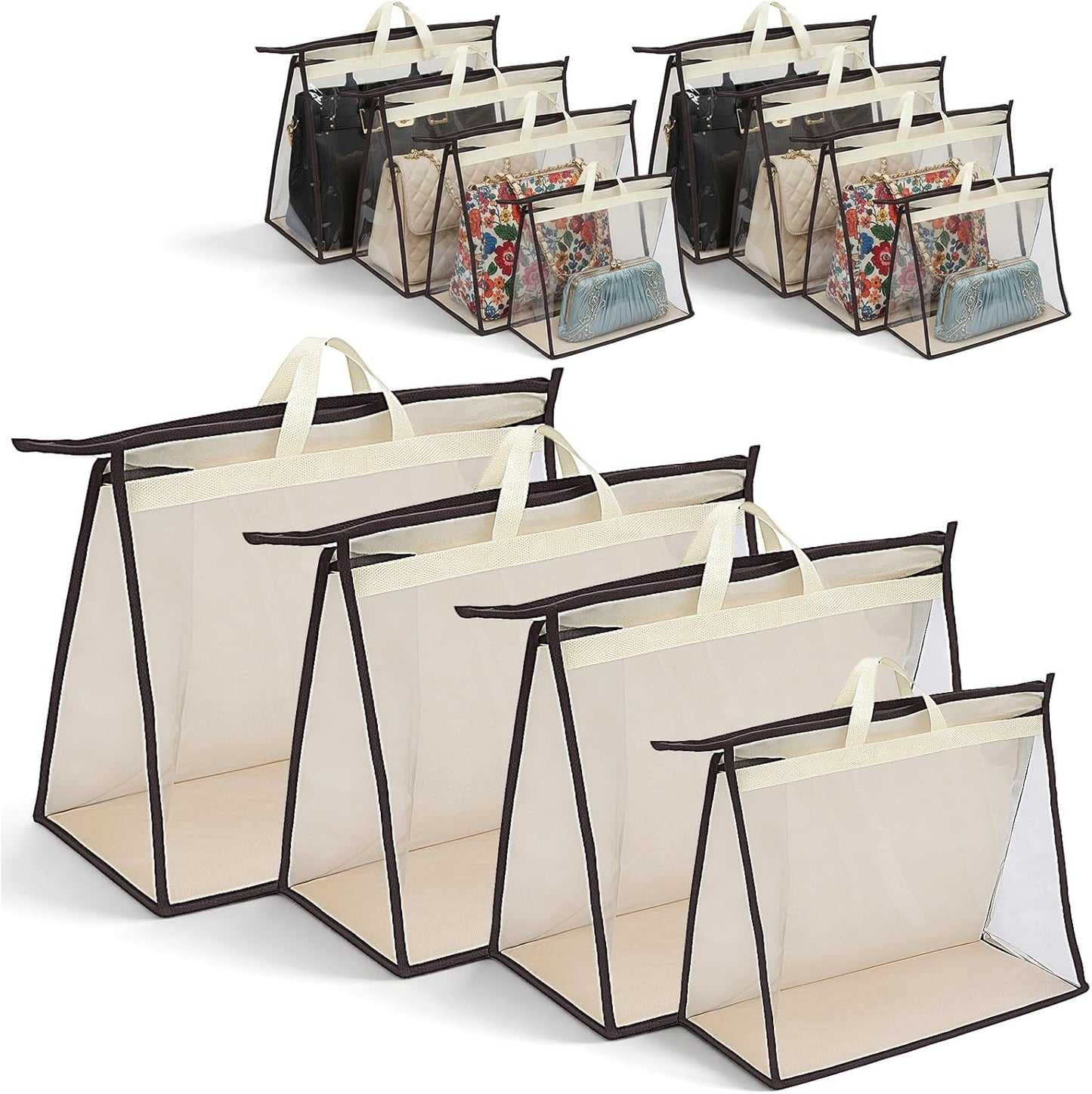 12 Pack Beige Handbag Purse Storage Organizer for Closet, 4 Sizes Clear Hanging Dust Bags Cover with Zipper and Handle, Closet Purse Protector Bags