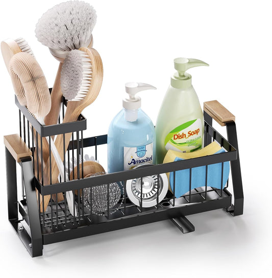 Sink Caddy Organizer with Wooden Handle & Self-Draining Tray, Trapezoid Kitchen Sponge Holder with Non-Slip Suction Cups , Organizer for Sponge, Brush, Soap Dispenser for Sink and Bathroom Countertop