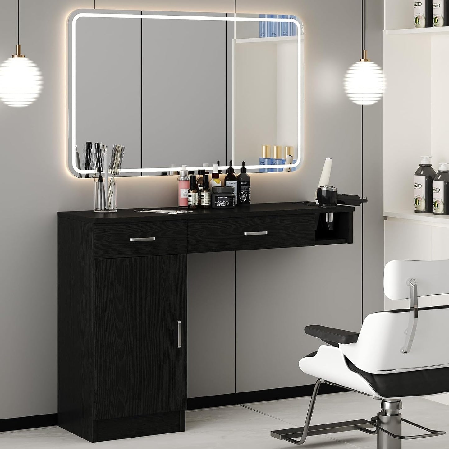 4ever2buy Salon Stations for Hair Stylist, Wall Mount Barber Station with Barber Cabinet, Hair Station Equipment Hair Dryer Holder, Drawers, Mirror not Included, Black