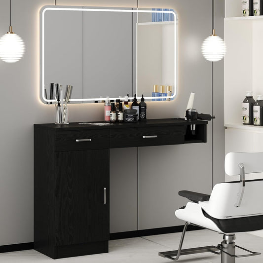 4ever2buy Salon Stations for Hair Stylist, Wall Mount Barber Station with Barber Cabinet, Hair Station Equipment Hair Dryer Holder, Drawers, Mirror not Included, Black