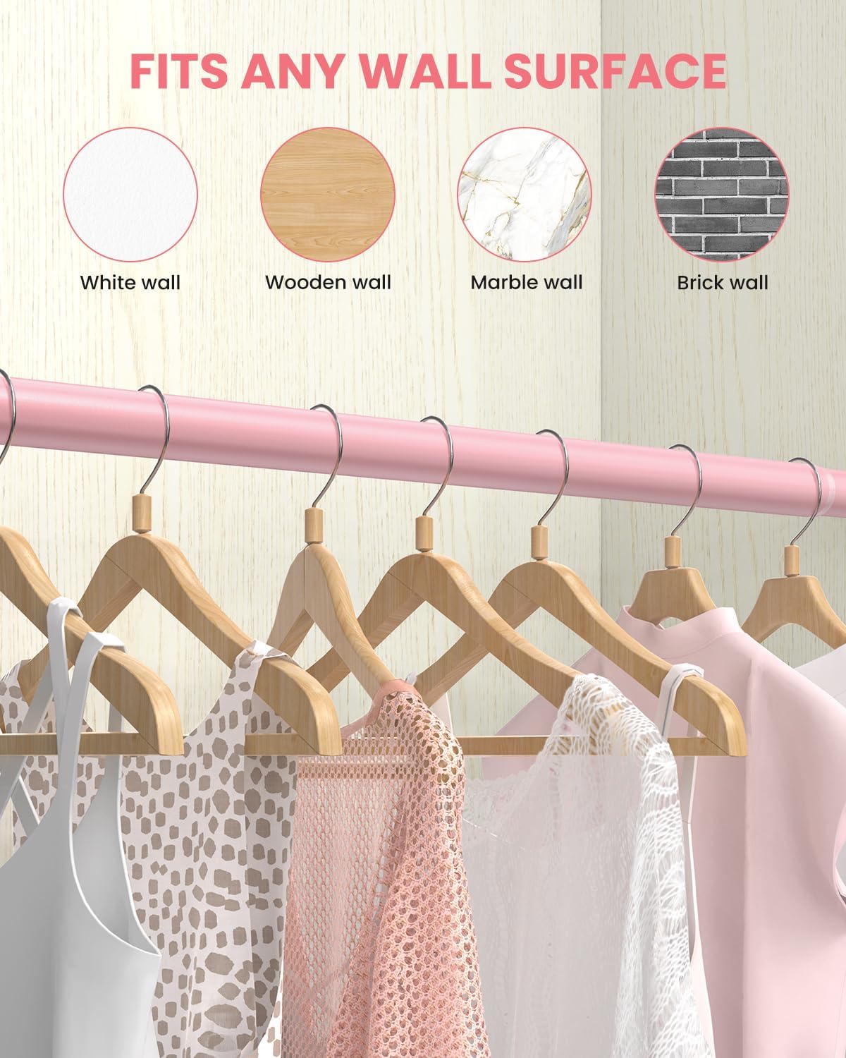 Closet Rods for Hanging Clothes, 17 to 39 Inches Stepless Adjustable Metal Closet Rod, 1.3 Inches Heavy Duty Clothes Hanging Rod for Closet Wardrobes Laundry RV, Pink